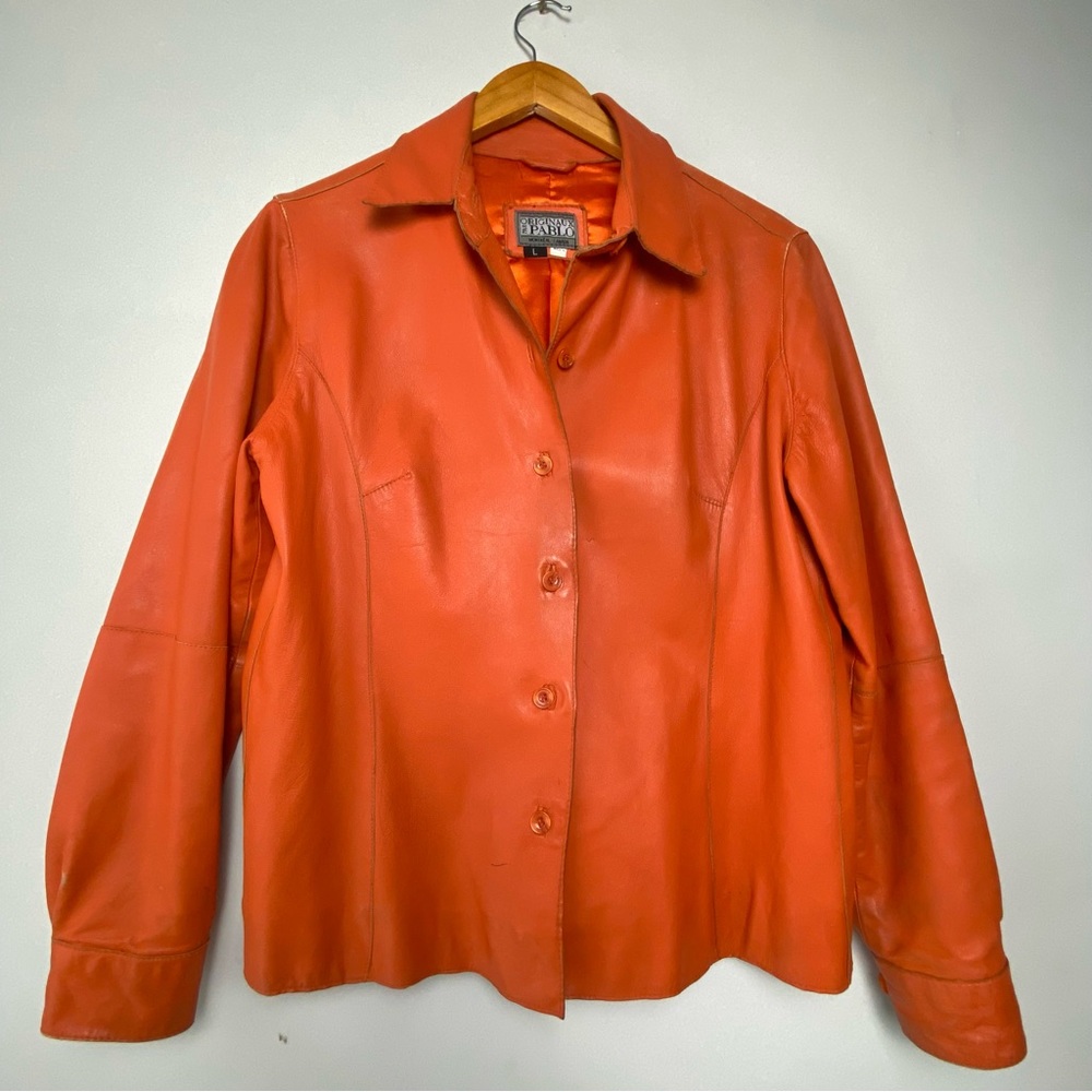 Sold‼️Vintage Orange Button Front Leather Shirt Jacket 70's